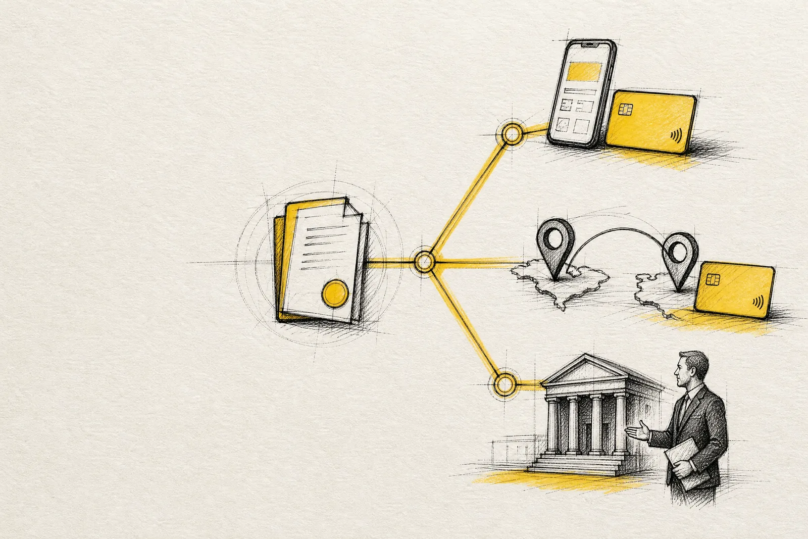 Ilustración manual de tres rutas de banca empresarial