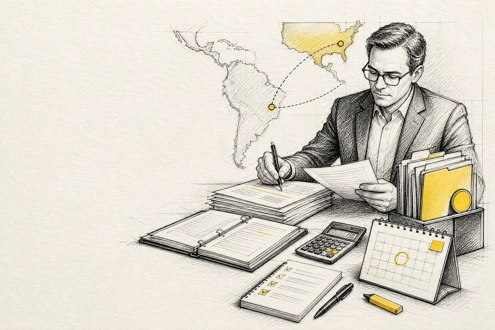 Ilustración manual de cumplimiento fiscal para empresas en Estados Unidos