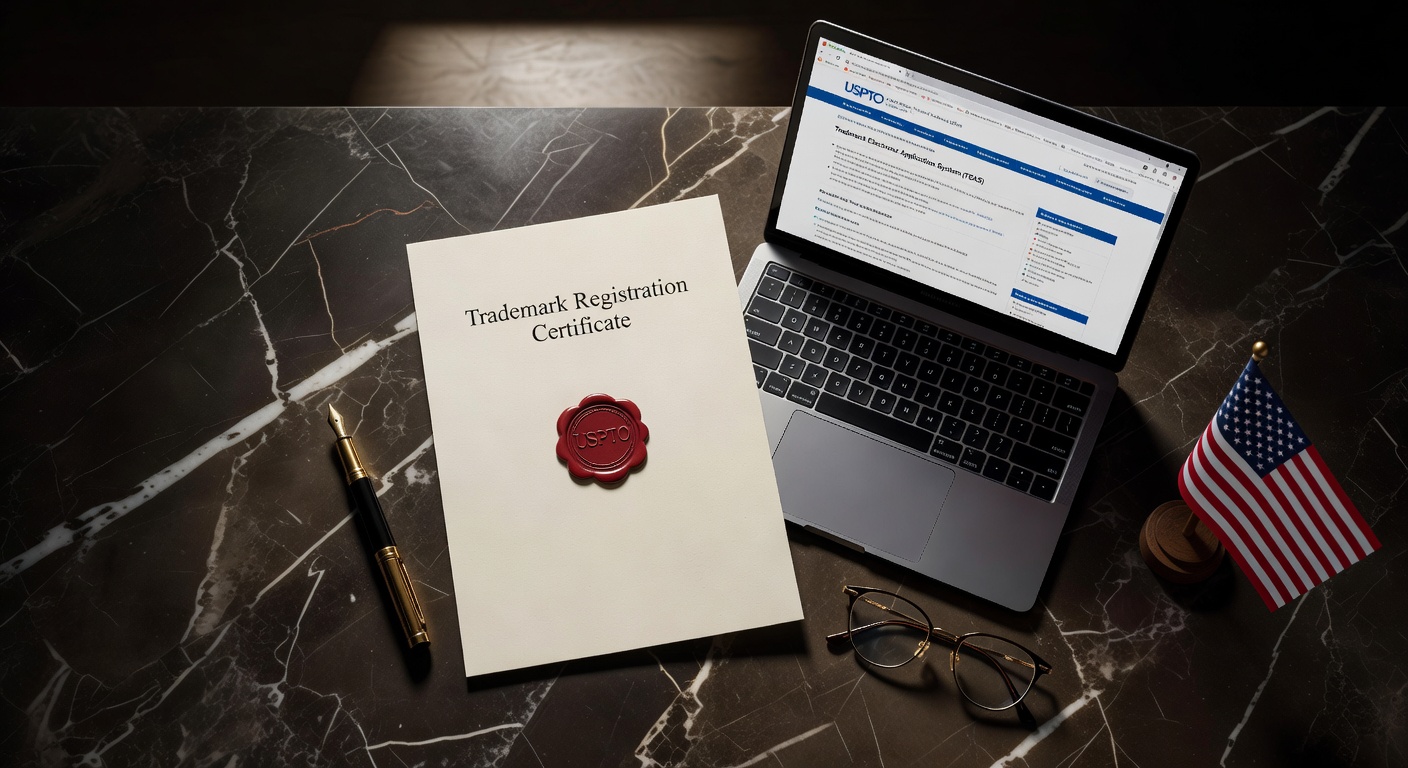 Certificado de registro de marca USPTO junto a laptop mostrando el sistema TEAS y bandera americana sobre escritorio de mármol