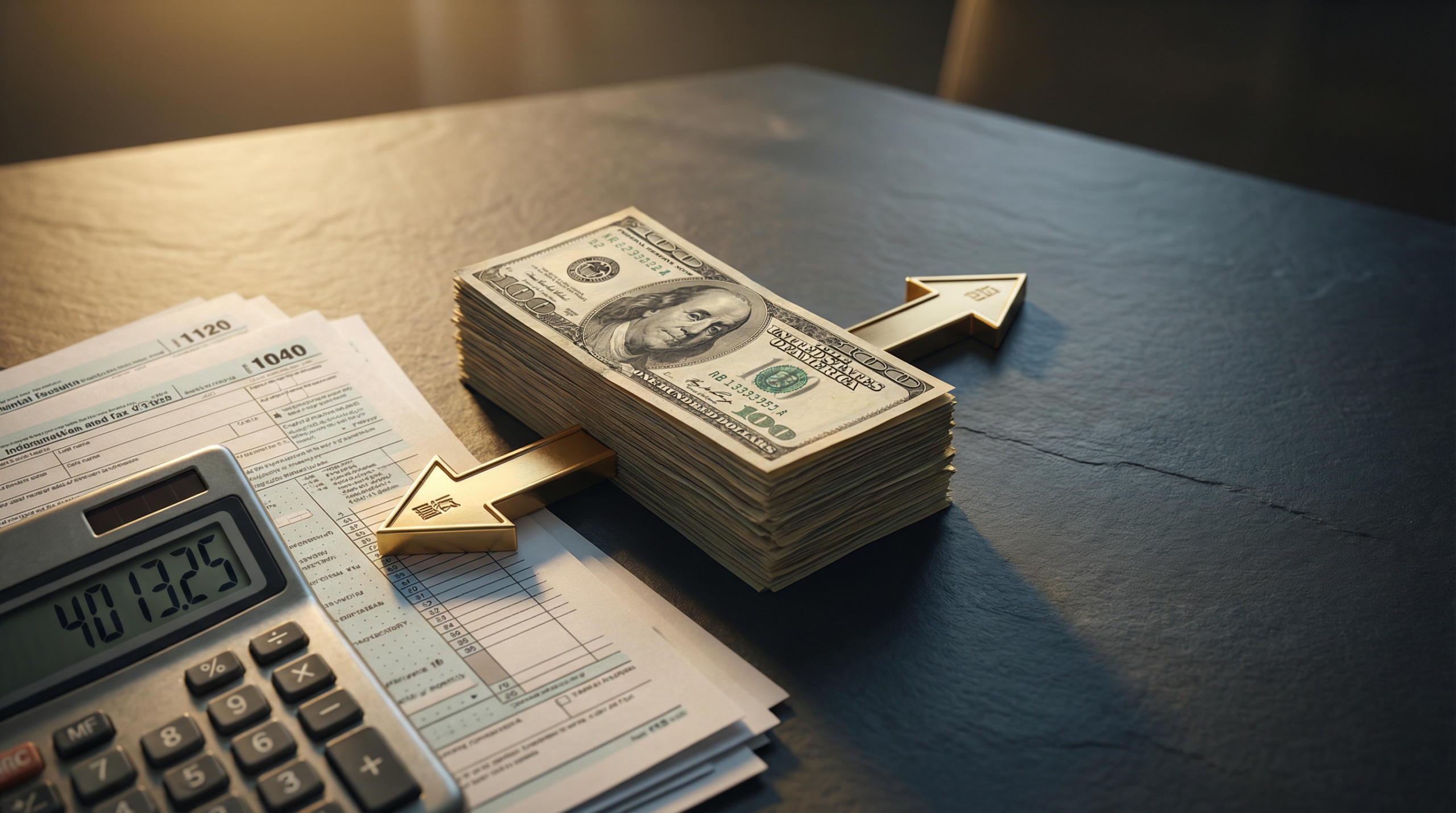 Representación visual de la doble tributación en una C Corporation con billetes de dólar, formularios del IRS y flechas indicando el flujo de impuestos