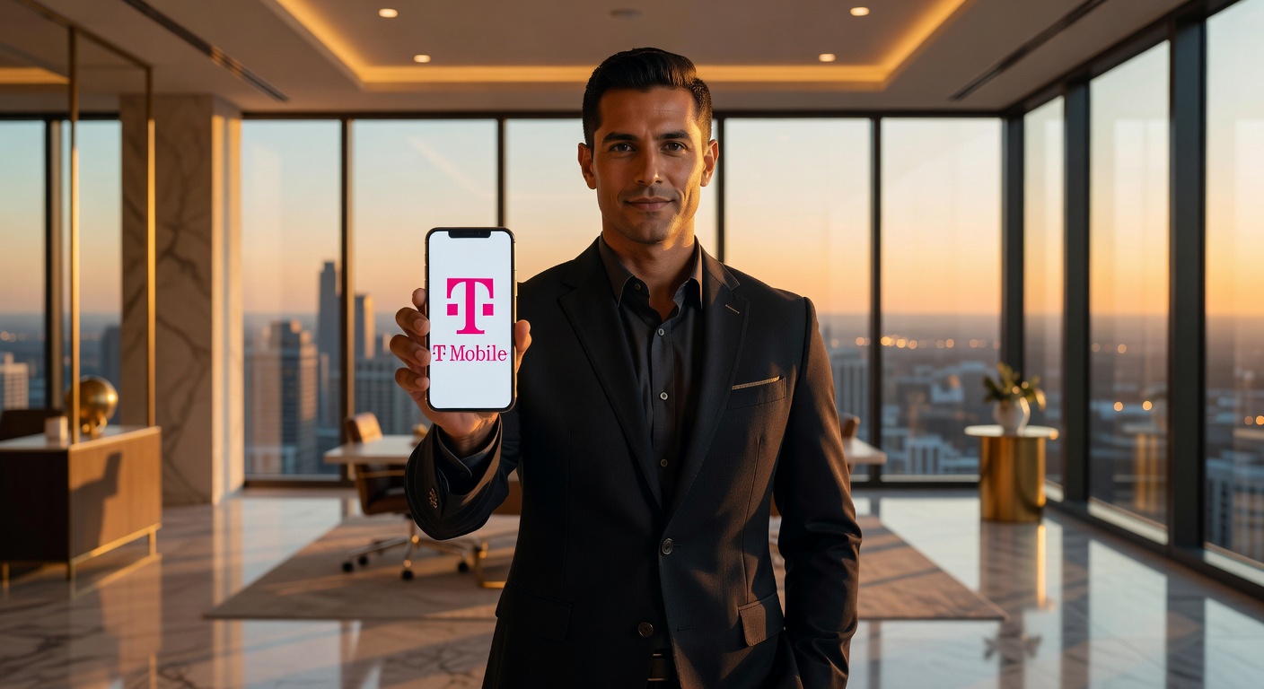 Empresario latino en oficina moderna mostrando celular con logo T-Mobile, representando la solución de número estadounidense en México