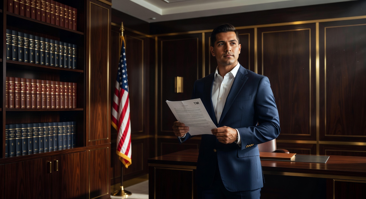 Empresario latino en oficina legal sosteniendo documento de registro de marca trademark en Estados Unidos