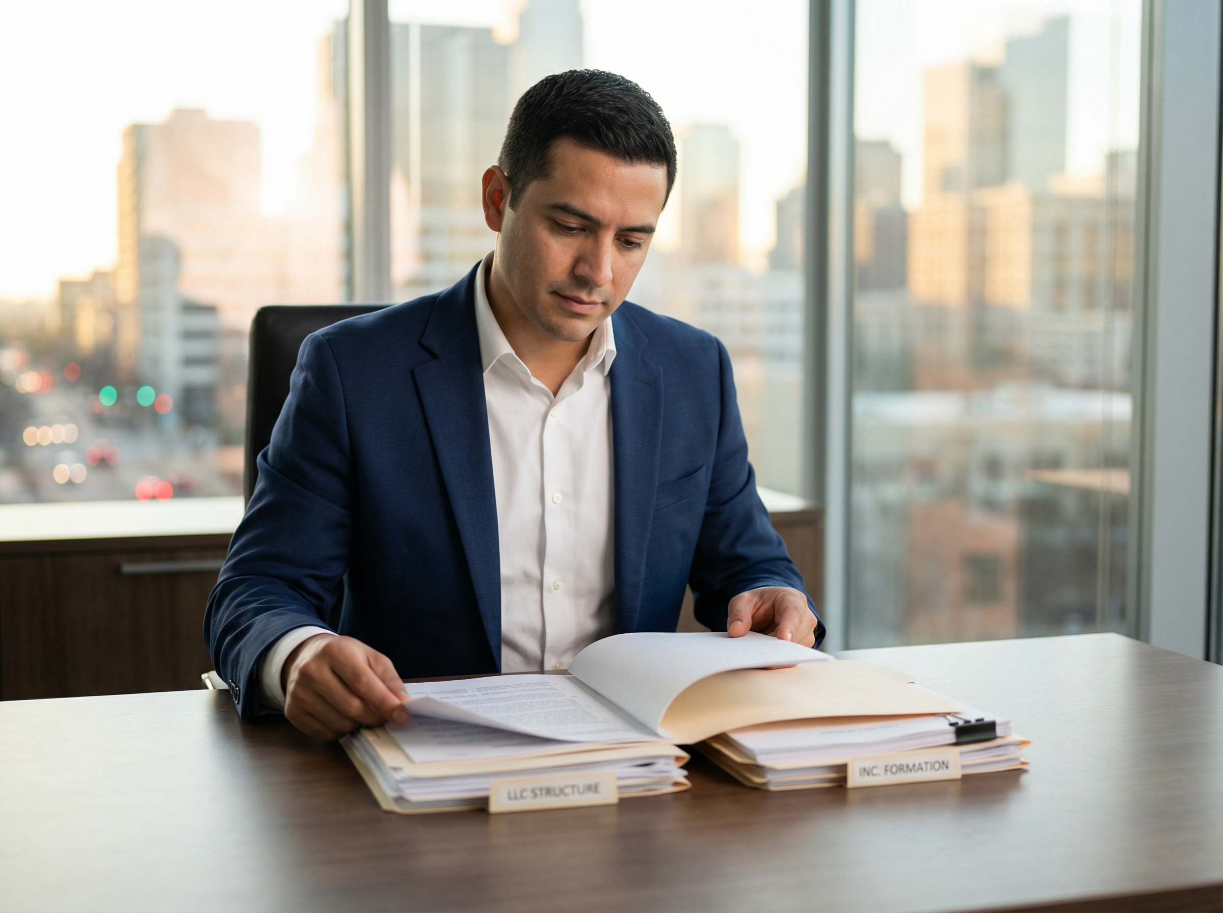 Emprendedor hispano revisando documentos corporativos S Corp vs C Corp en oficina moderna de Estados Unidos