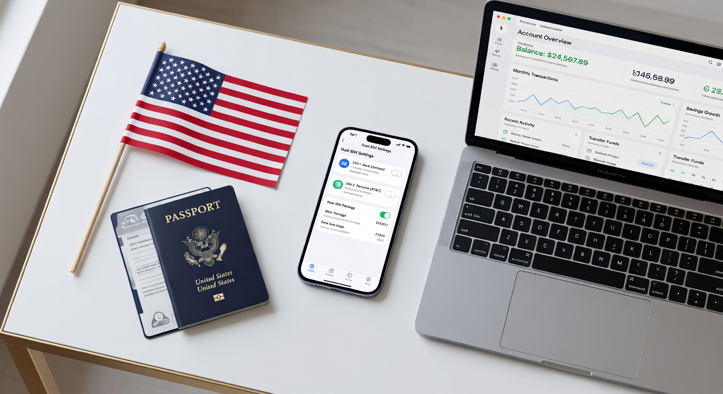 Smartphone con configuración Dual SIM junto a pasaporte estadounidense y laptop con dashboard bancario, mostrando las ventajas de un número americano