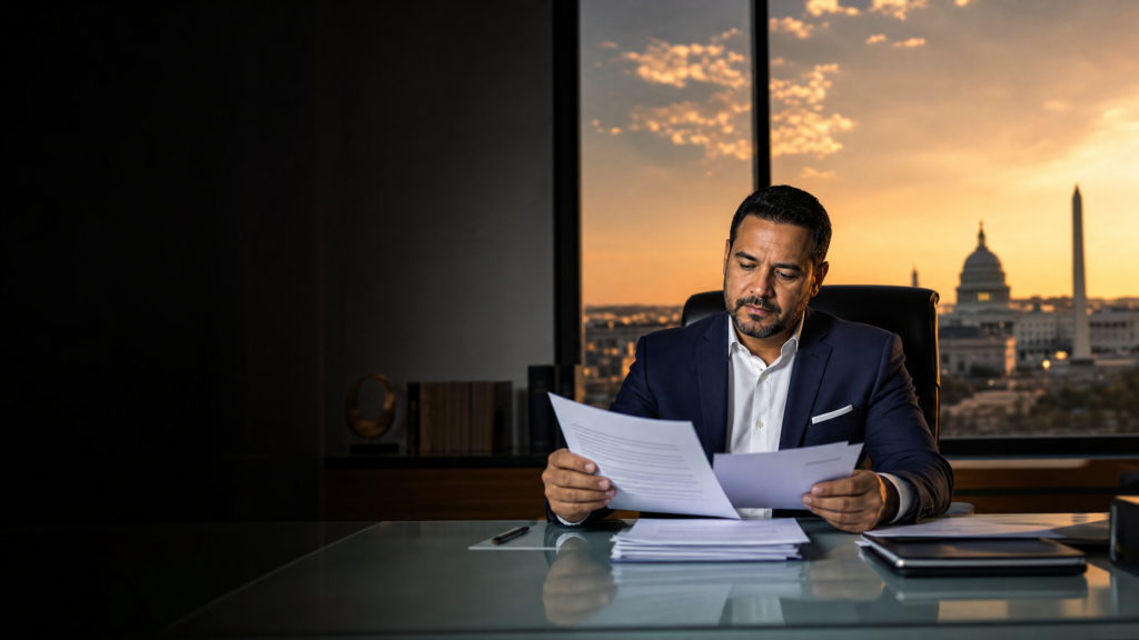 Inversionista analizando documentos sobre ajuste de estatus EB-5 y memo USCIS 2026
