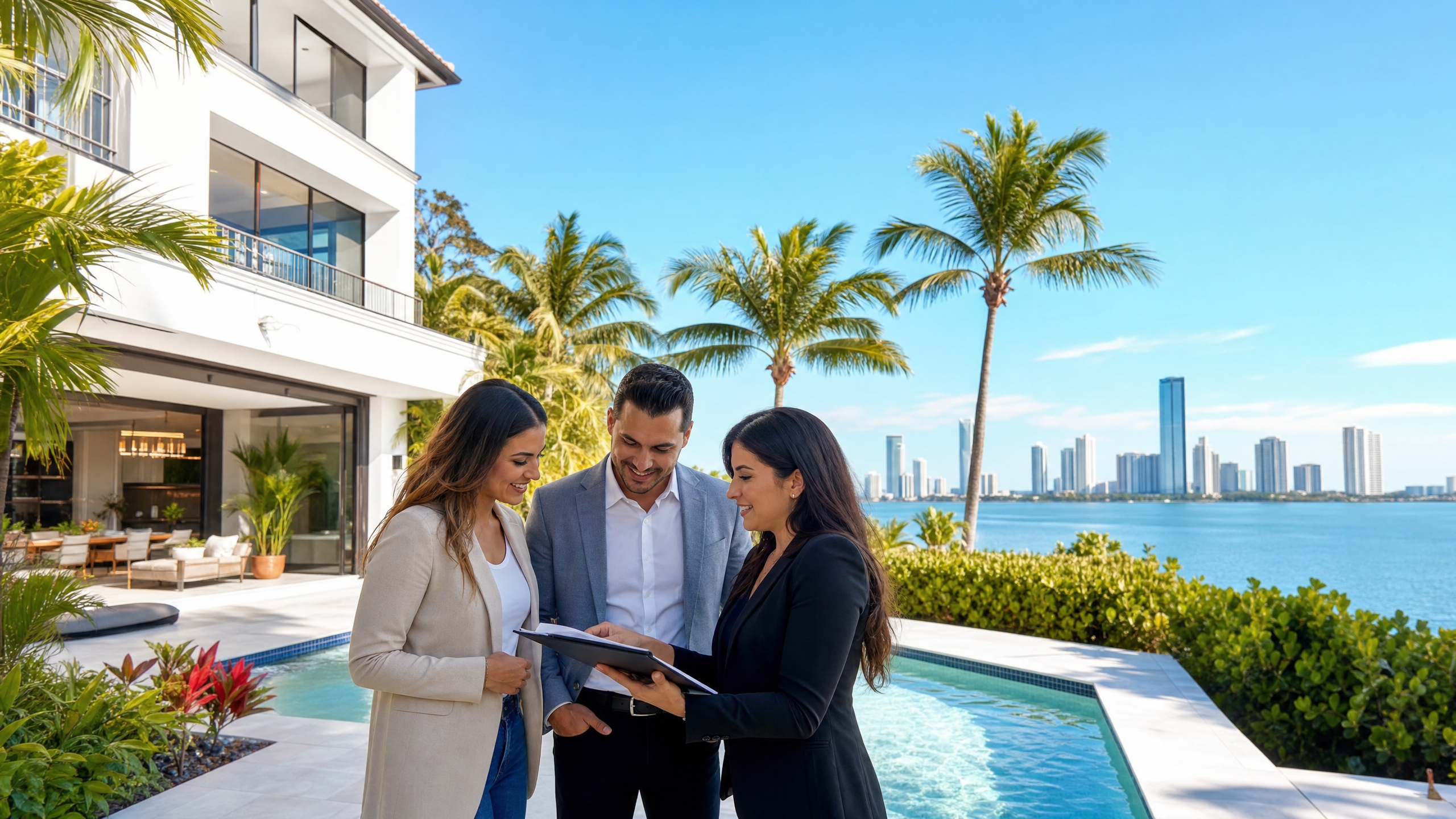 Pareja latina revisando propiedad de inversión en Florida con realtor