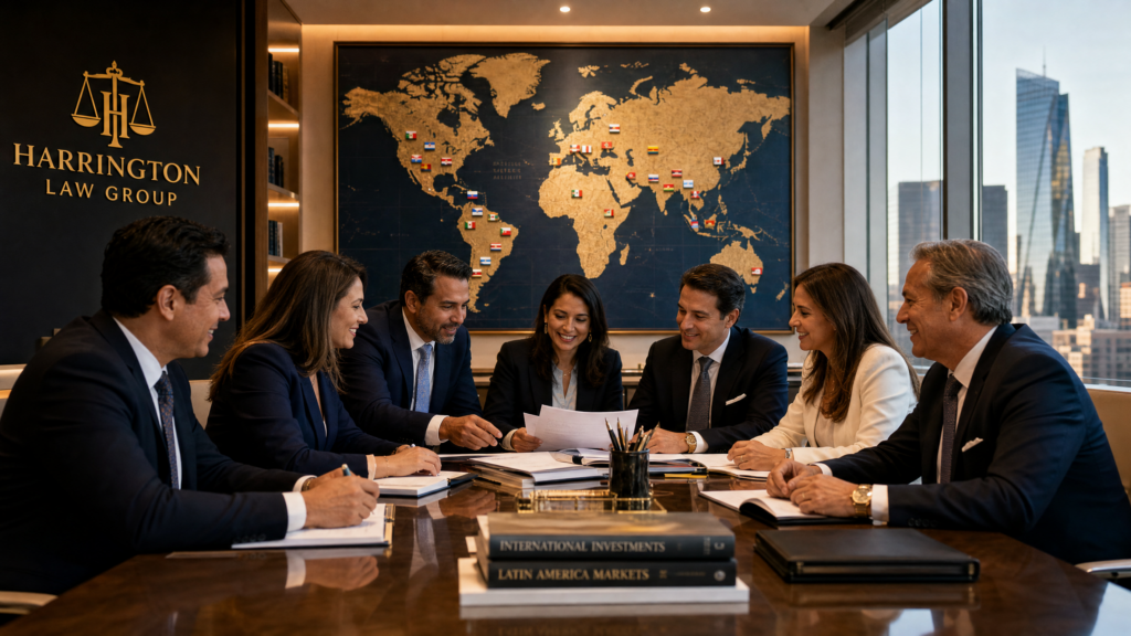 Inversores internacionales revisando lista de países elegibles Visa E-2 en oficina de abogados