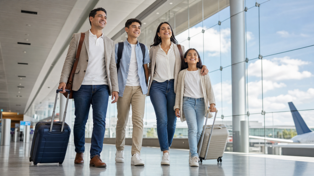 Familia latinoamericana caminando por aeropuerto con confianza - Qué es la visa E2