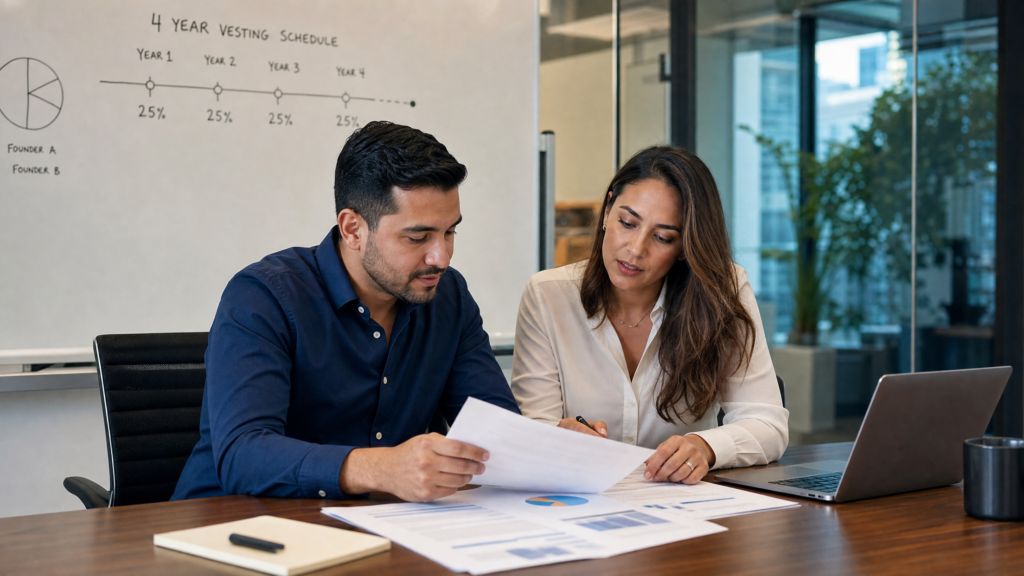 Cofundadores revisando acuerdo de vesting y cliff para su startup en USA