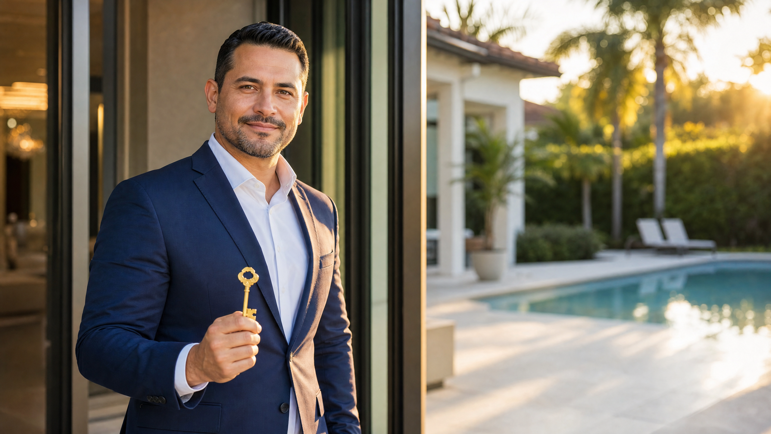 Inversionista latinoamericano frente a propiedad de lujo en Orlando - Visa E2 inversión inmobiliaria