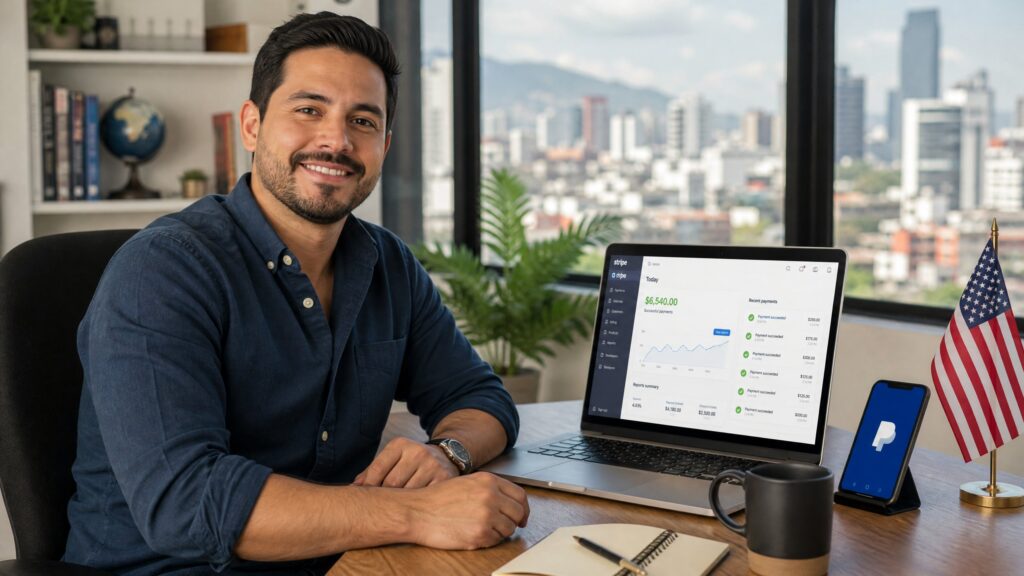 Abrir cuenta Stripe en USA para extranjeros - emprendedor latino con dashboard de pagos