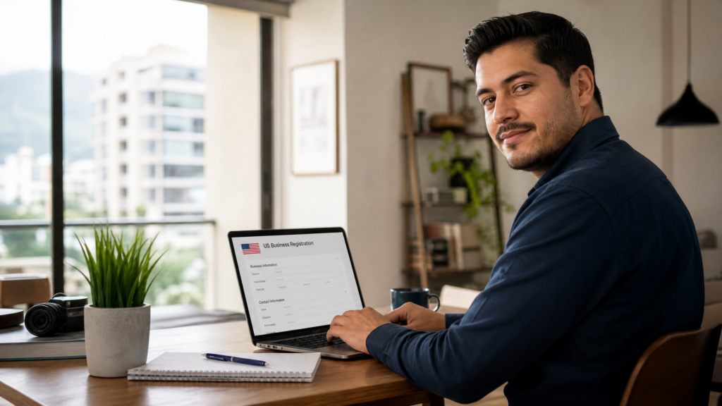 Crear LLC sin viajar a EEUU - emprendedor latino trabajando desde su país