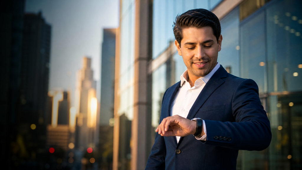 Emprendedor latino revisando cuánto tiempo tarda crear una LLC en USA frente a edificios corporativos
