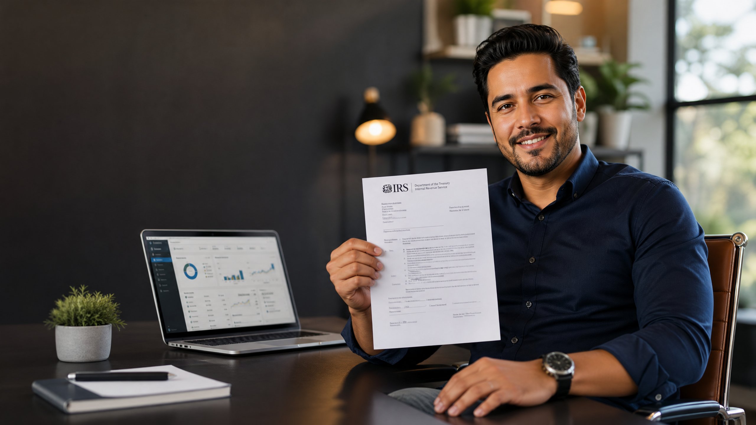 Emprendedor latinoamericano sosteniendo su EIN number del IRS para operar su LLC en Estados Unidos