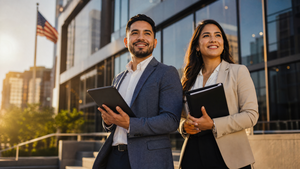 Emprendedores latinos frente a edificio corporativo en Estados Unidos - Negocios en USA para inmigrantes