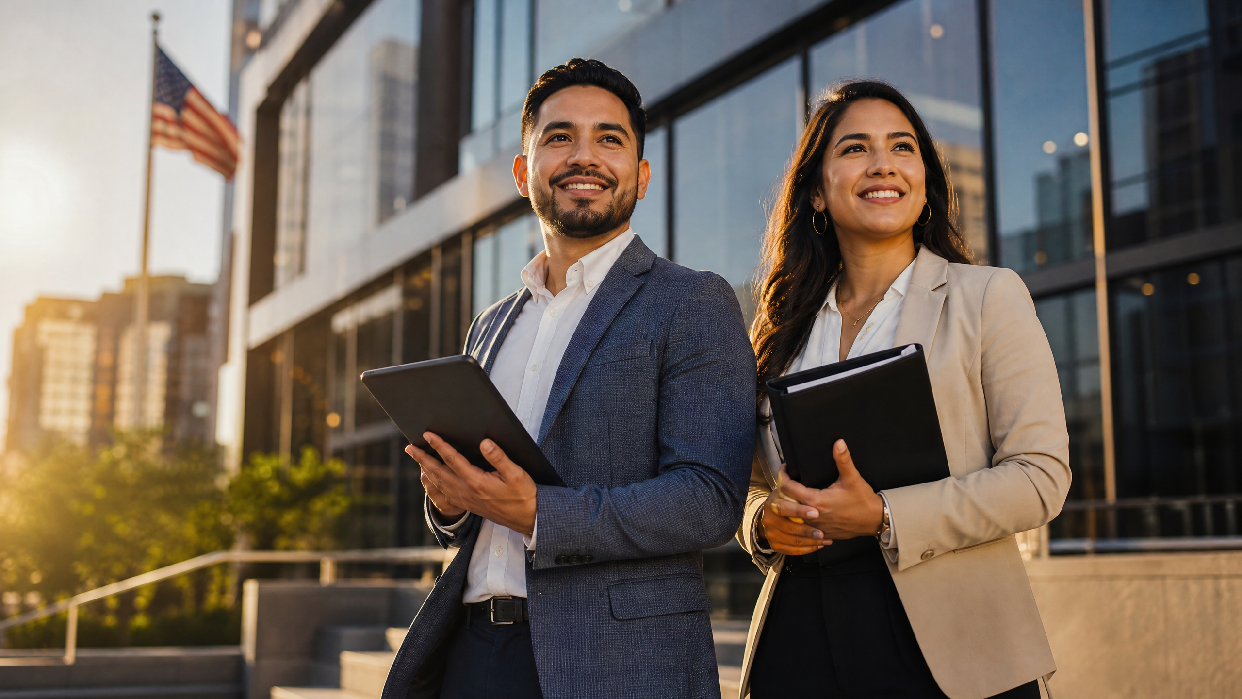 Emprendedores latinos frente a edificio corporativo en Estados Unidos - Negocios en USA para inmigrantes