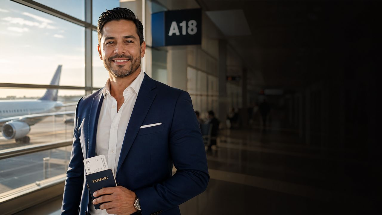 Inversionista latinoamericano con visa E2 en aeropuerto de Estados Unidos