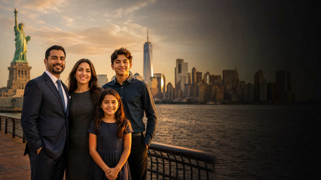 Familia de inversionistas obteniendo la visa EB-5 para residencia permanente en Estados Unidos